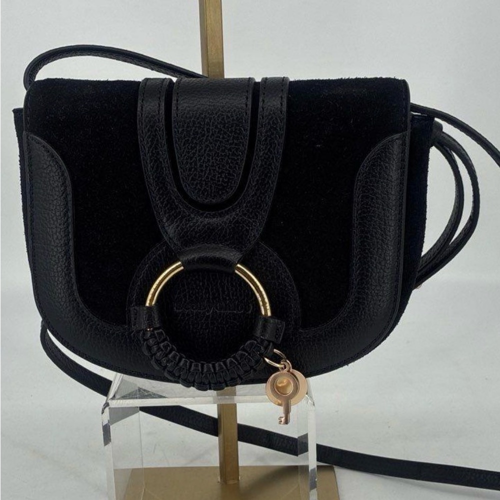 See by Chloe Black Leather & Suede Crossbody Sachel Bag with Gold